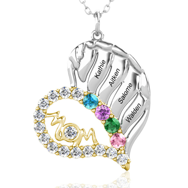 Personalised Engraved Heart Mom 4 Names Necklace with 4 Birthstones