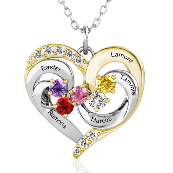 Personalised Heart Pendant Engraved Necklace with 5 Birthstones