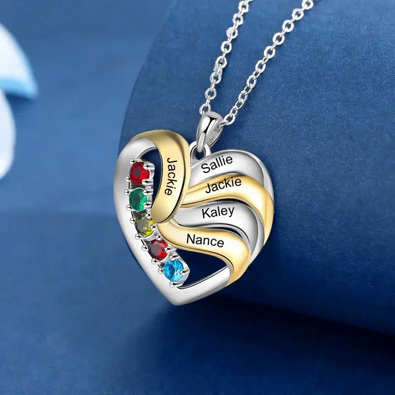 Personalised Heart Necklace with Children's Names, Mum Necklace with Names, Family Necklace for Mum with Birthstones