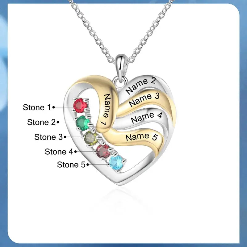 Personalised Heart Necklace with Children's Names, Mum Necklace with Names, Family Necklace for Mum with Birthstones