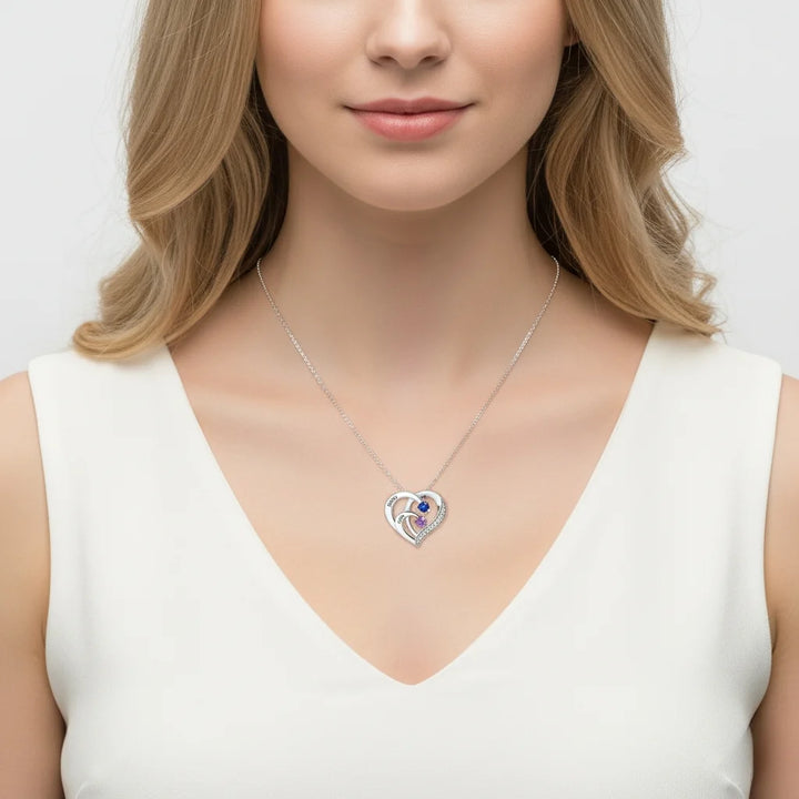 Personalised 2 Birthstones Necklace with 2 Engraved Names