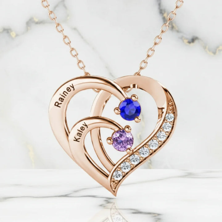 Personalised 2 Birthstones Necklace with 2 Engraved Names