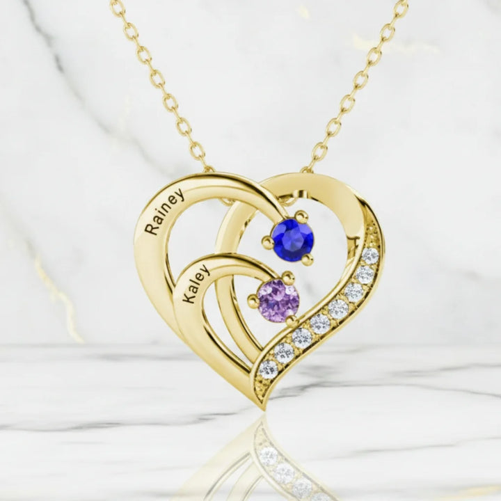 Personalised 2 Birthstones Necklace with 2 Engraved Names