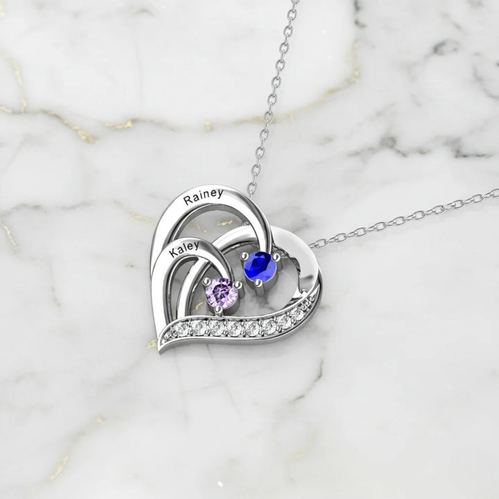 Personalised 2 Birthstones Necklace with 2 Engraved Names