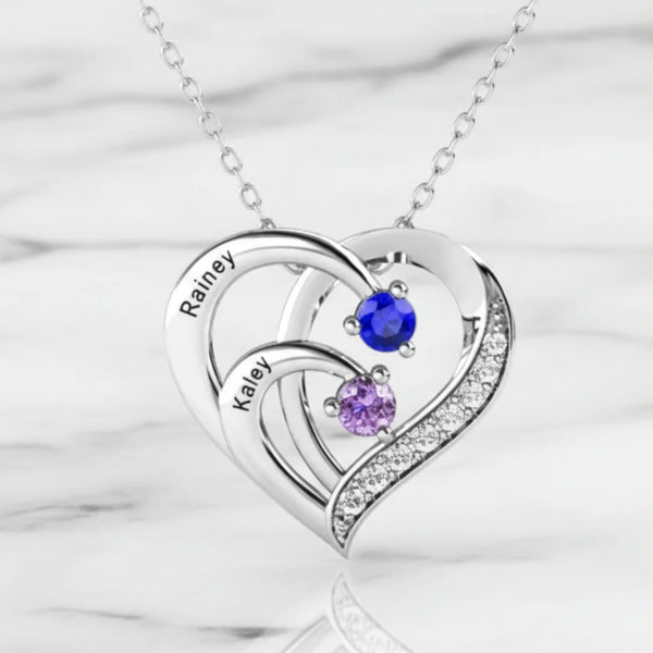 Personalised 2 Birthstones Necklace with 2 Engraved Names