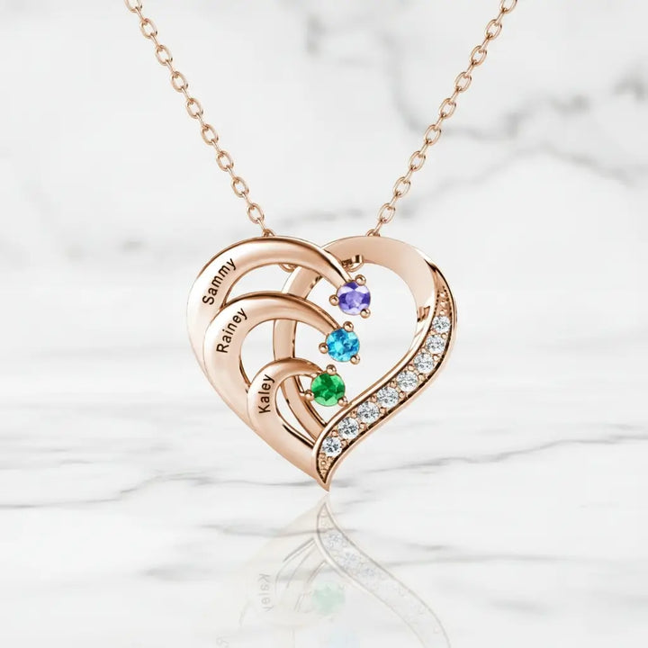 Personalised Engraved Heart Family 3 Birthstones Necklace with Children's Names