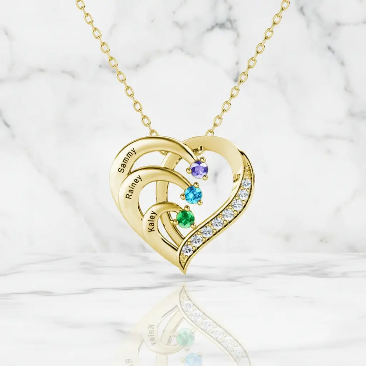 Personalised Engraved Heart Family 3 Birthstones Necklace with Children's Names