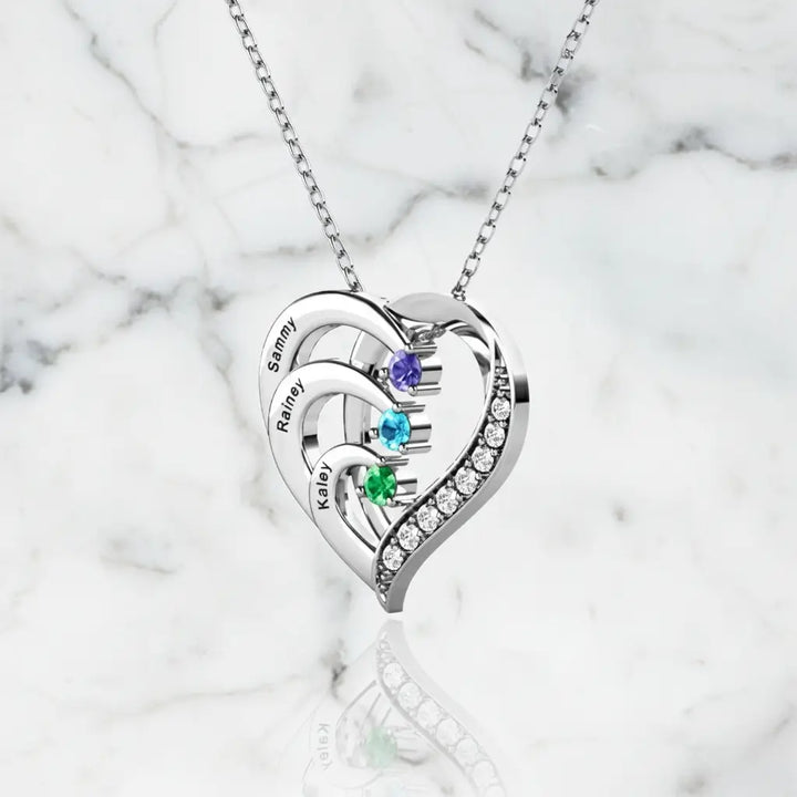Personalised Engraved Heart Family 3 Birthstones Necklace with Children's Names