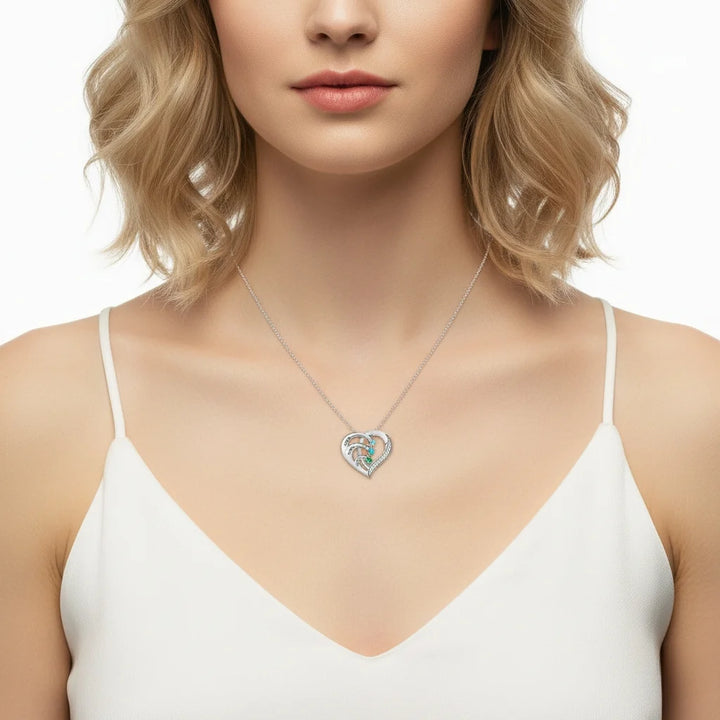 Personalised Engraved Heart Family 3 Birthstones Necklace with Children's Names
