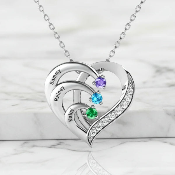 Personalised Engraved Heart Family 3 Birthstones Necklace with Children's Names