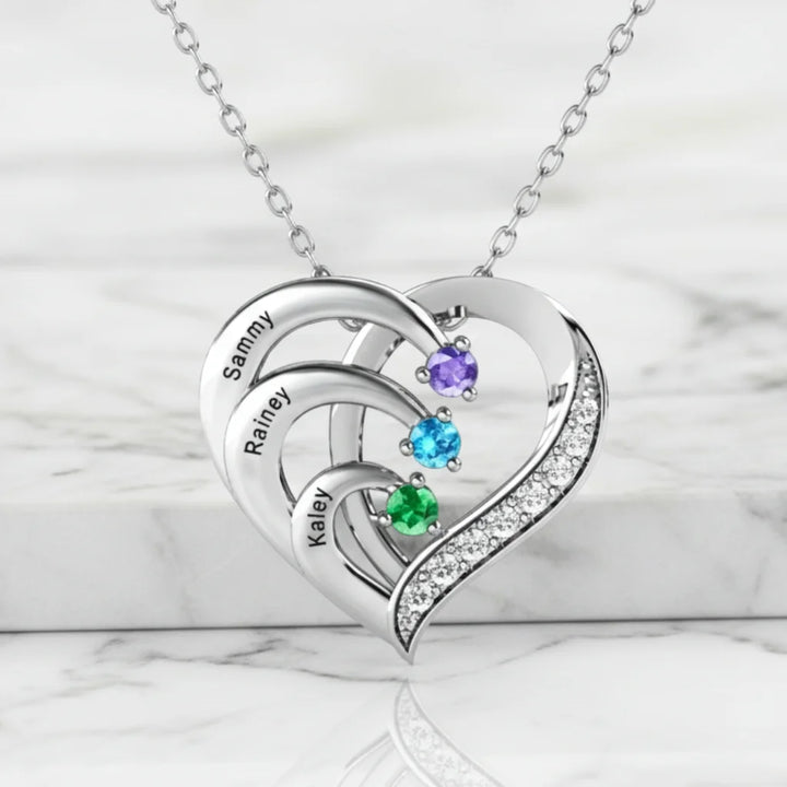 Personalised Engraved Heart Family 3 Birthstones Necklace with Children's Names