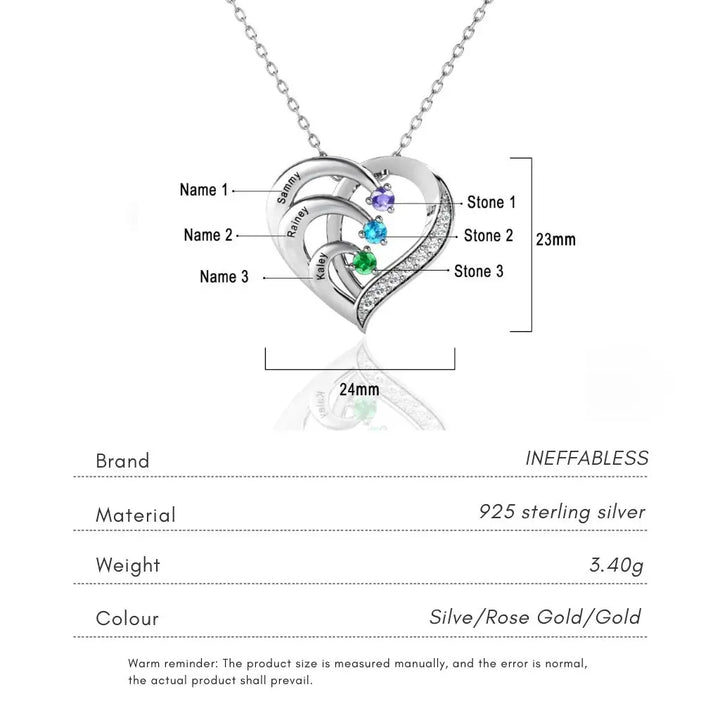 Personalised Engraved Heart Family 3 Birthstones Necklace with Children's Names