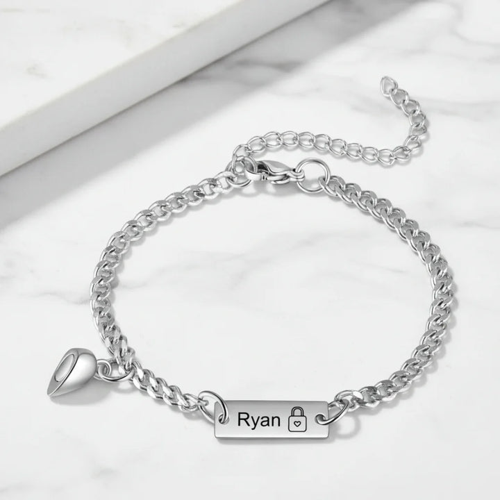 Engraved Bar Magnetic Couple Bracelets with Heart Charm