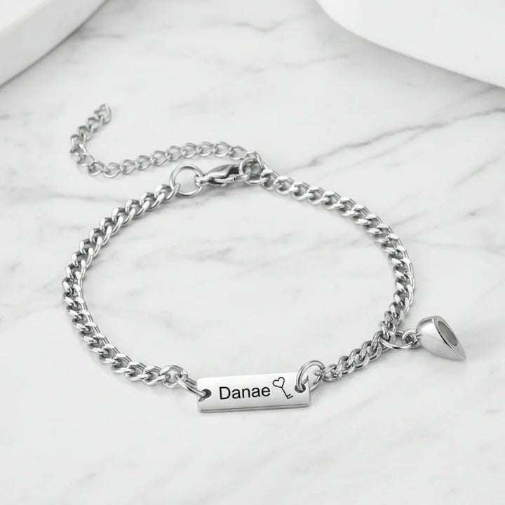 Engraved Bar Magnetic Couple Bracelets with Heart Charm