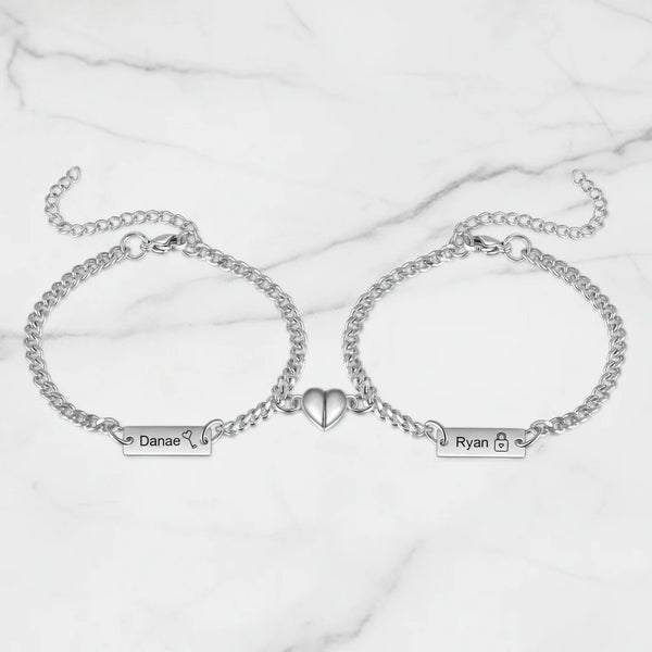 Engraved Bar Magnetic Couple Bracelets with Heart Charm