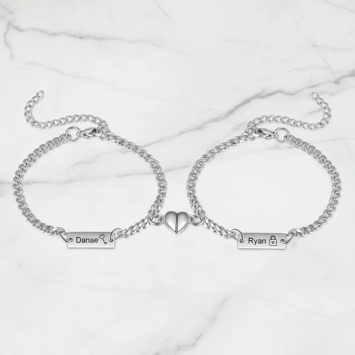 Engraved Bar Magnetic Couple Bracelets with Heart Charm