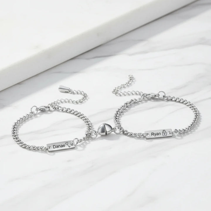Engraved Bar Magnetic Couple Bracelets with Heart Charm