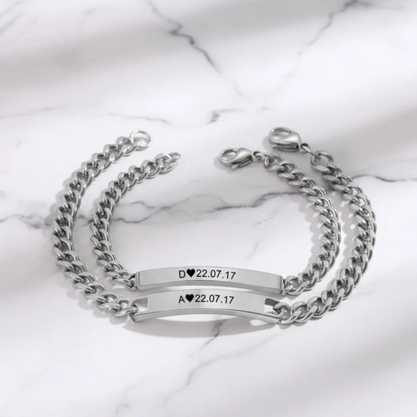 Eternal Love Engraved Initial and Date Bracelets for Couples - His and Hers Bar Style