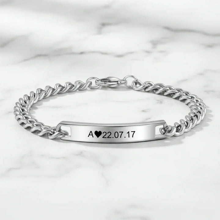 Eternal Love Engraved Initial and Date Bracelets for Couples - His and Hers Bar Style