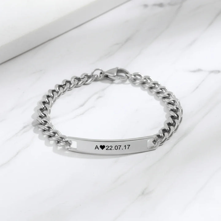 Eternal Love Engraved Initial and Date Bracelets for Couples - His and Hers Bar Style