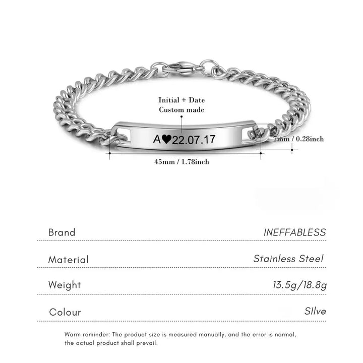 Eternal Love Engraved Initial and Date Bracelets for Couples - His and Hers Bar Style