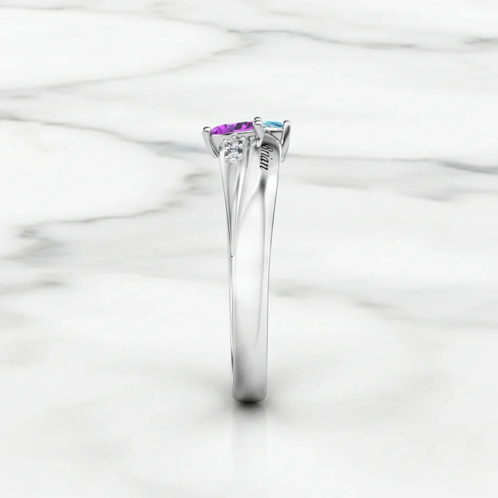 Personalised Dual Heart Birthstone Name Ring - 925 Sterling Silver Promise Jewellery 