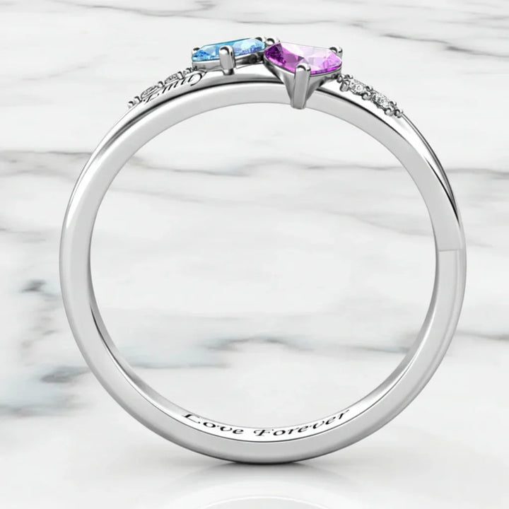 Personalised Dual Heart Birthstone Name Ring - 925 Sterling Silver Promise Jewellery 