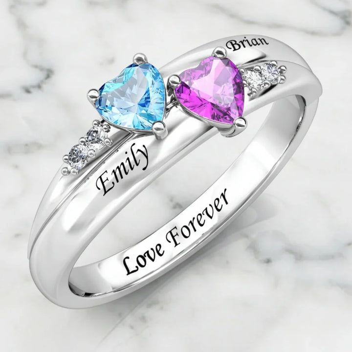 Personalised Dual Heart Birthstone Name Ring - 925 Sterling Silver Promise Jewellery 