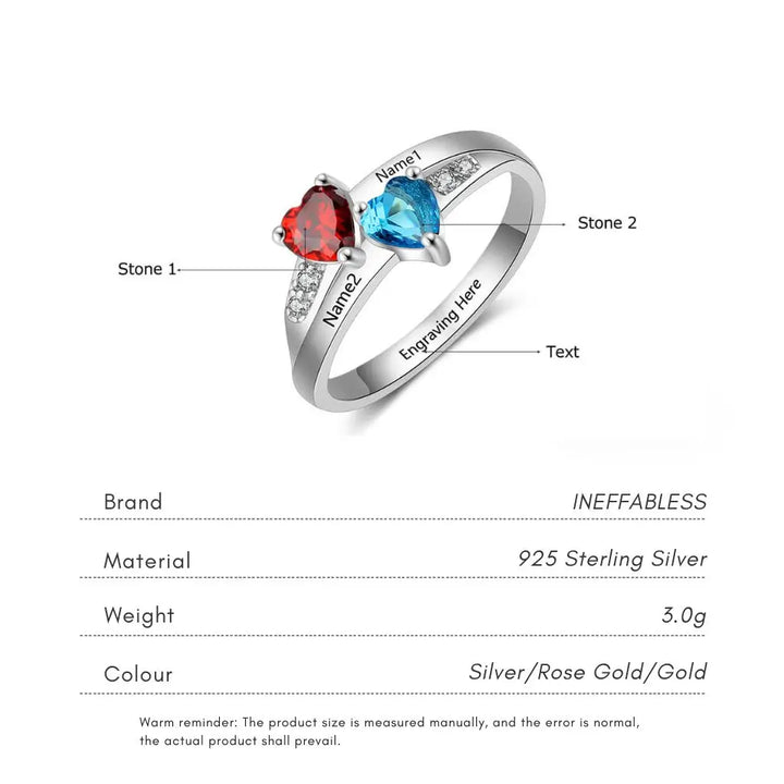 Personalised Dual Heart Birthstone Name Ring