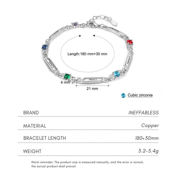 Personalised Family Birthstone & Engraved Name Bar Bracelet - 1 to 5 Names