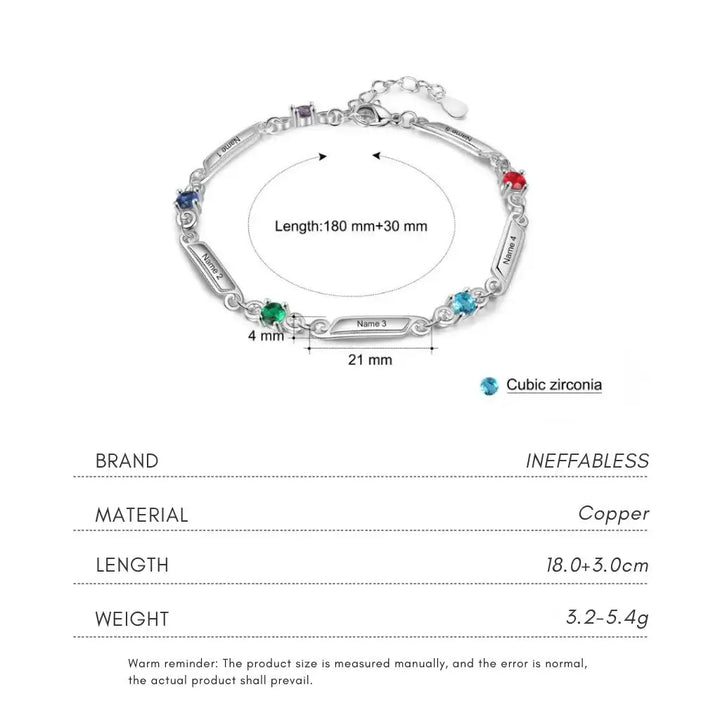 Personalised Family Birthstone & Engraved Name Bar Bracelet - 1 to 5 Names