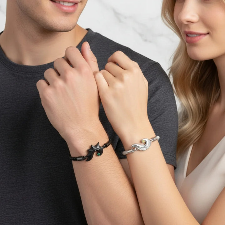 Personalised Half Heart Couple Bracelets | Custom Engraved Name Matching Set with Birthstones