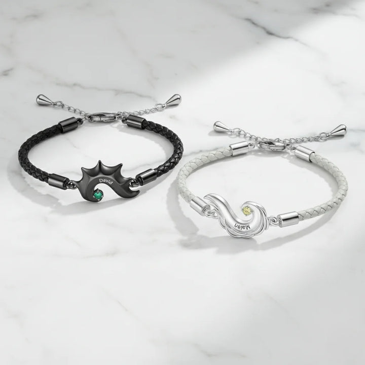 Personalised Half Heart Couple Bracelets | Custom Engraved Name Matching Set with Birthstones