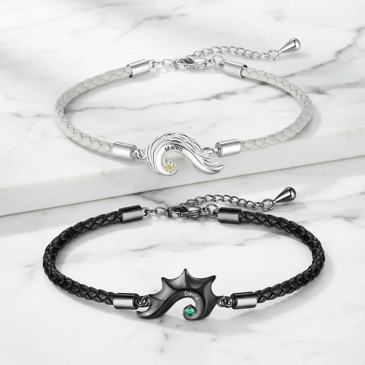 Personalised Half Heart Couple Bracelets | Custom Engraved Name Matching Set with Birthstones