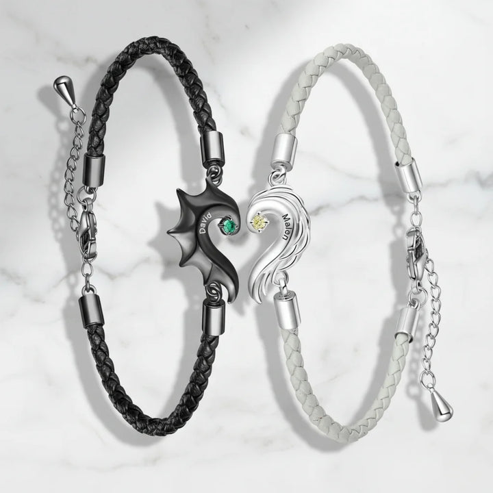 Personalised Half Heart Couple Bracelets | Custom Engraved Name Matching Set with Birthstones