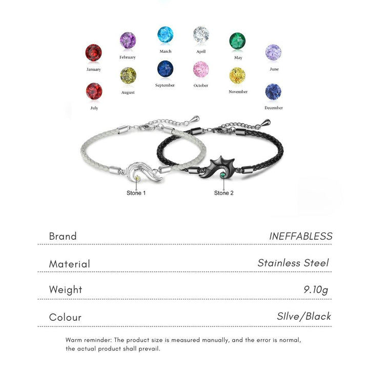 Personalised Half Heart Couple Bracelets | Custom Engraved Name Matching Set with Birthstones