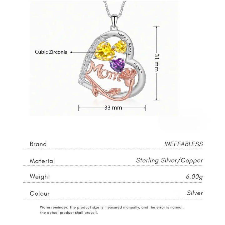 Personalised Heart-Shaped Mom Necklace with Birthstones and Engraved Names