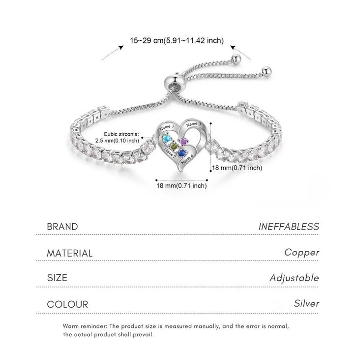 Personalised Heart Name & Birthstone Bracelet for Mum – Adjustable Zircon Tennis Style 