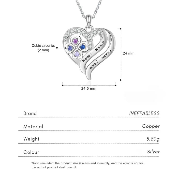Personalised Heart Necklace with Birthstones – Custom Engraved Names for Family or Mum