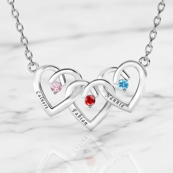 Personalised Interlocking Three Heart Birthstone Necklace – Custom Engraved 925 Sterling Silver Gift for Mum