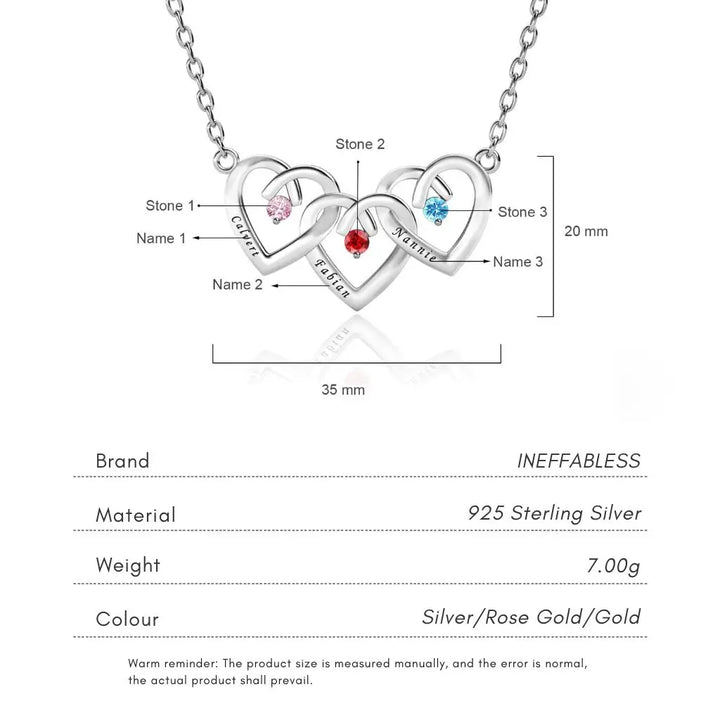 Personalised Interlocking Three Heart Birthstone Necklace – Custom Engraved 925 Sterling Silver Gift for Mum