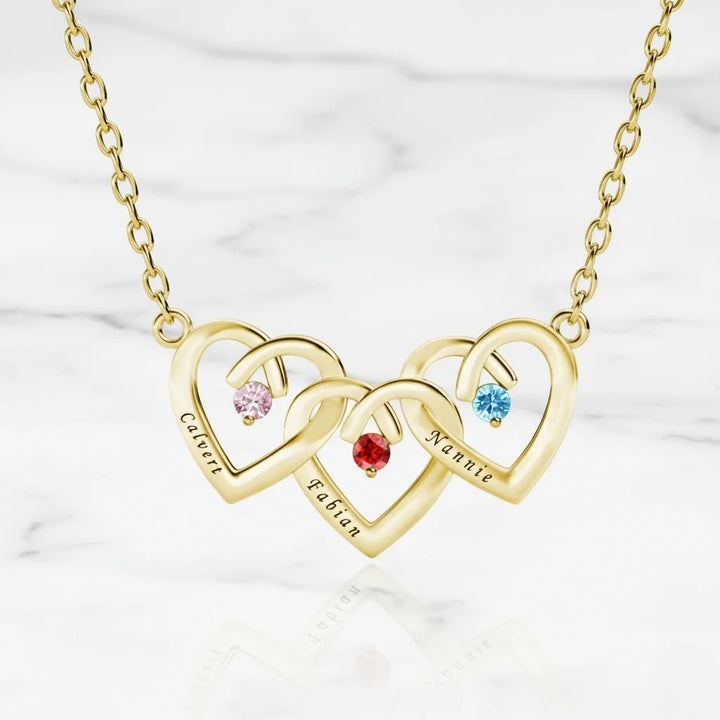 Personalised Interlocking Three Heart Birthstone Necklace – Custom Engraved 925 Sterling Silver Gift for Mum