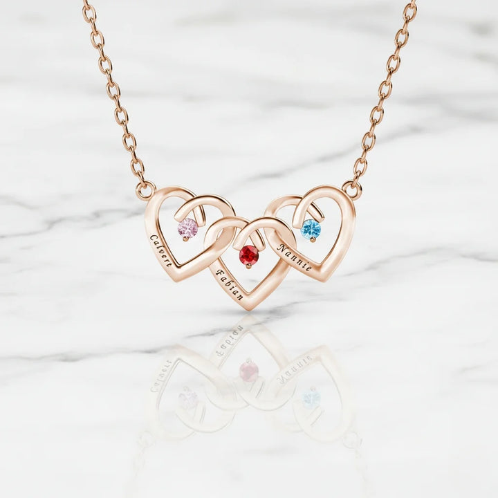 Personalised Interlocking Three Heart Birthstone Necklace – Custom Engraved 925 Sterling Silver Gift for Mum