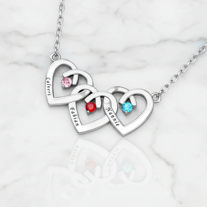 Personalised Interlocking Three Heart Birthstone Necklace – Custom Engraved 925 Sterling Silver Gift for Mum