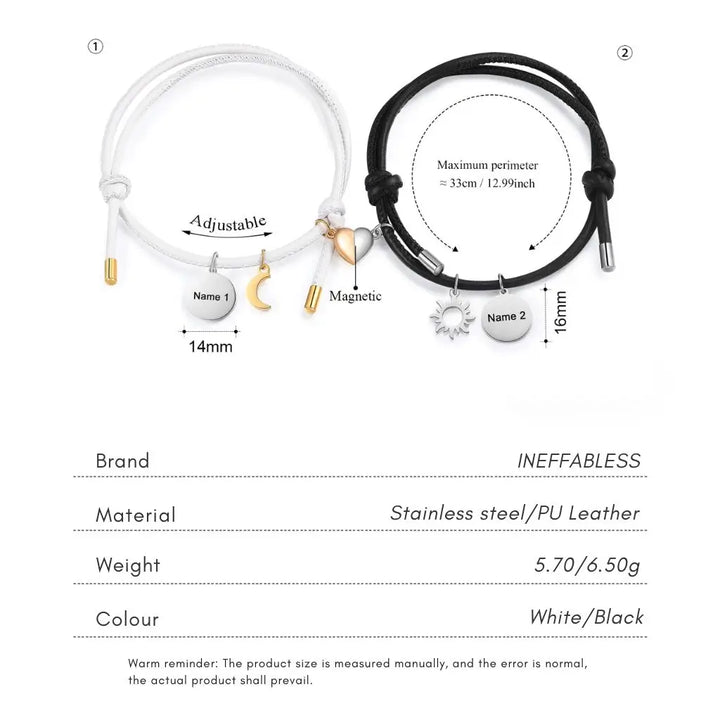 Personalised Magnetic Sun & Moon Couples Bracelets with Name Engraved Charms