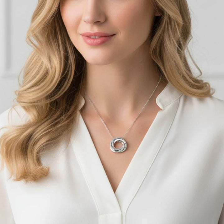 Personalised Engraved Russian Ring Necklace, Sterling Silver or Gold Vermeil, 3-5 Intertwined Circles