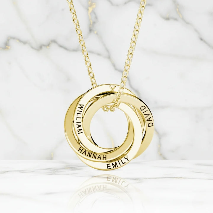 Personalised Engraved Russian Ring Necklace, Sterling Silver or Gold Vermeil, 3-5 Intertwined Circles