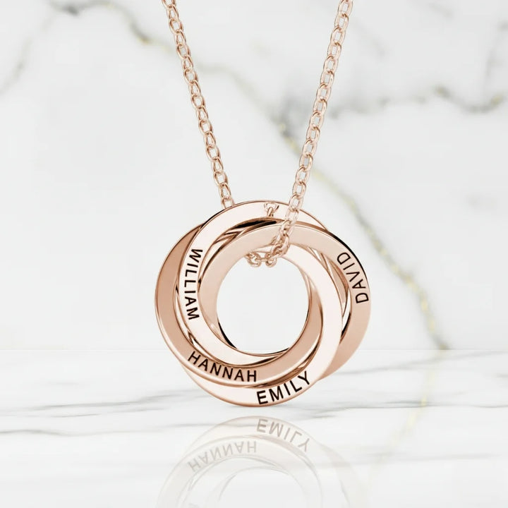 Personalised Engraved Russian Ring Necklace, Sterling Silver or Gold Vermeil, 3-5 Intertwined Circles