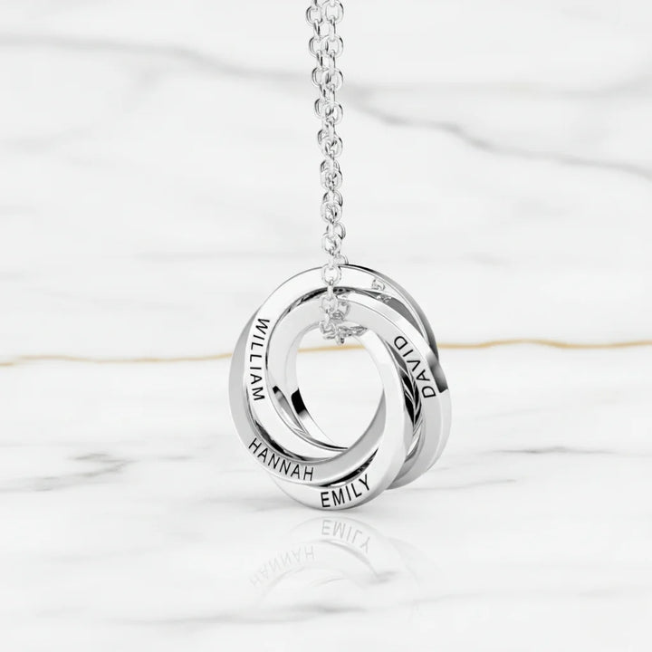Personalised Engraved Russian Ring Necklace, Sterling Silver or Gold Vermeil, 3-5 Intertwined Circles