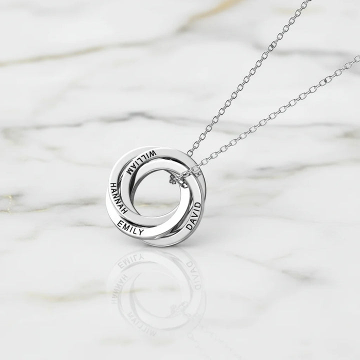 Personalised Engraved Russian Ring Necklace, Sterling Silver or Gold Vermeil, 3-5 Intertwined Circles